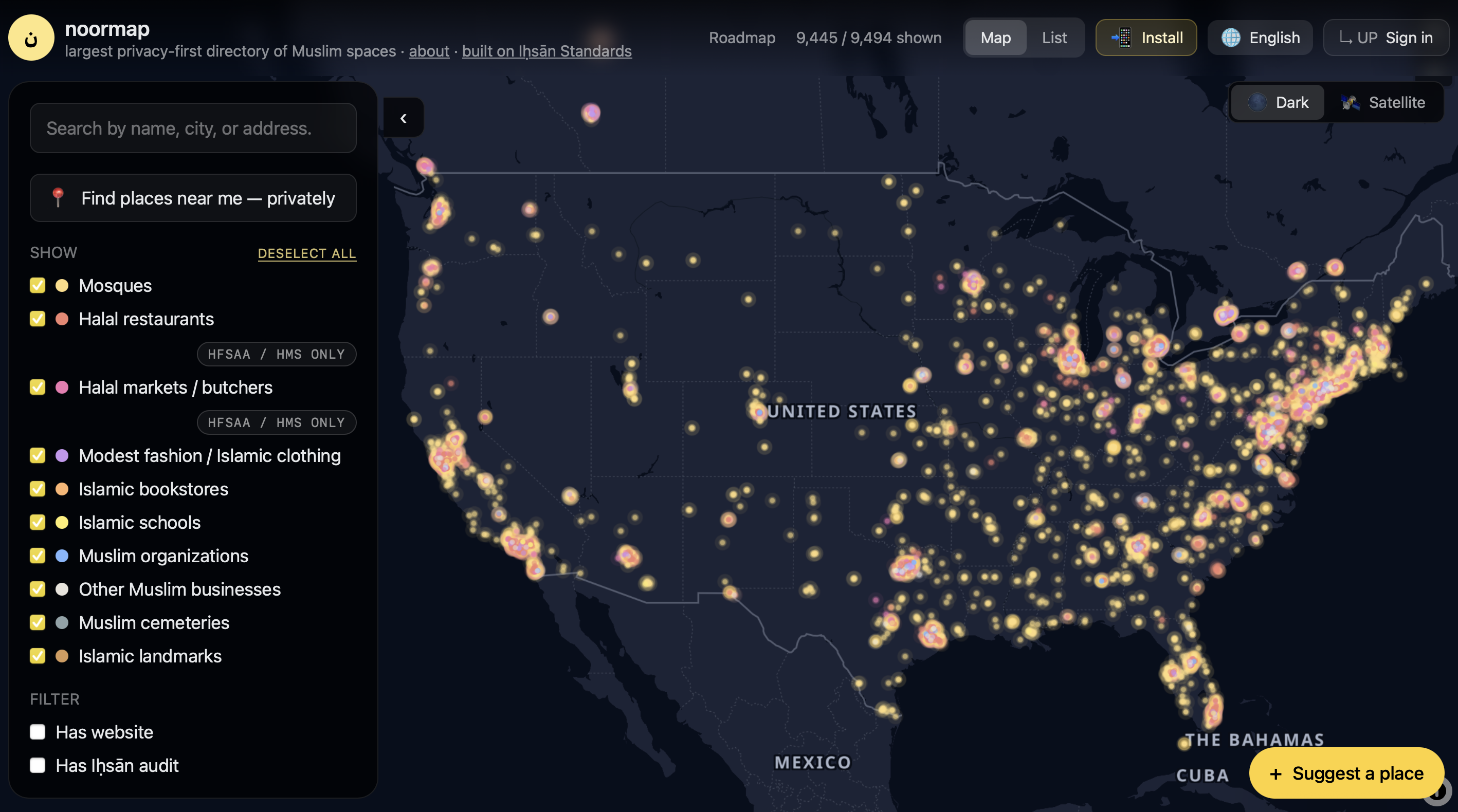 Screenshot of NoorMap — the most comprehensive public directory of Muslim spaces in the US, showing thousands of glowing pins across a dark-themed United States map with a sidebar of categories.
